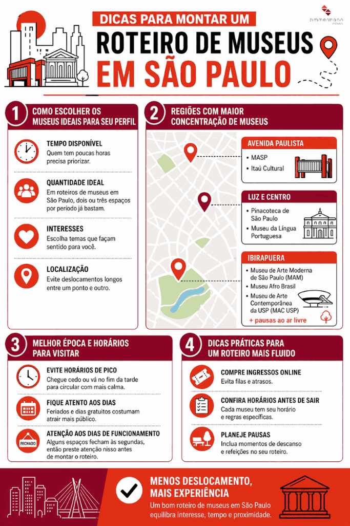 Infográfico com dicas práticas para montar um roteiro cultural pelos museus em São Paulo.
