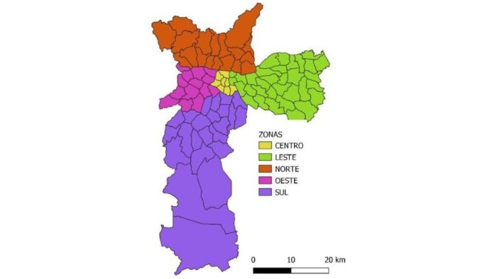 Mapa colorido das regiões administrativas de São Paulo, com Centro, Leste, Norte, Oeste e Sul destacados, ilustrando a divisão oficial das zonas de São Paulo.