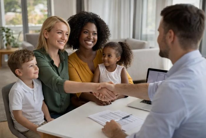 Família multirracial celebrando a conquista da casa nova com um consultor imobiliário. A cena transmite confiança e segurança na busca pelos bairros de São Paulo para crianças.