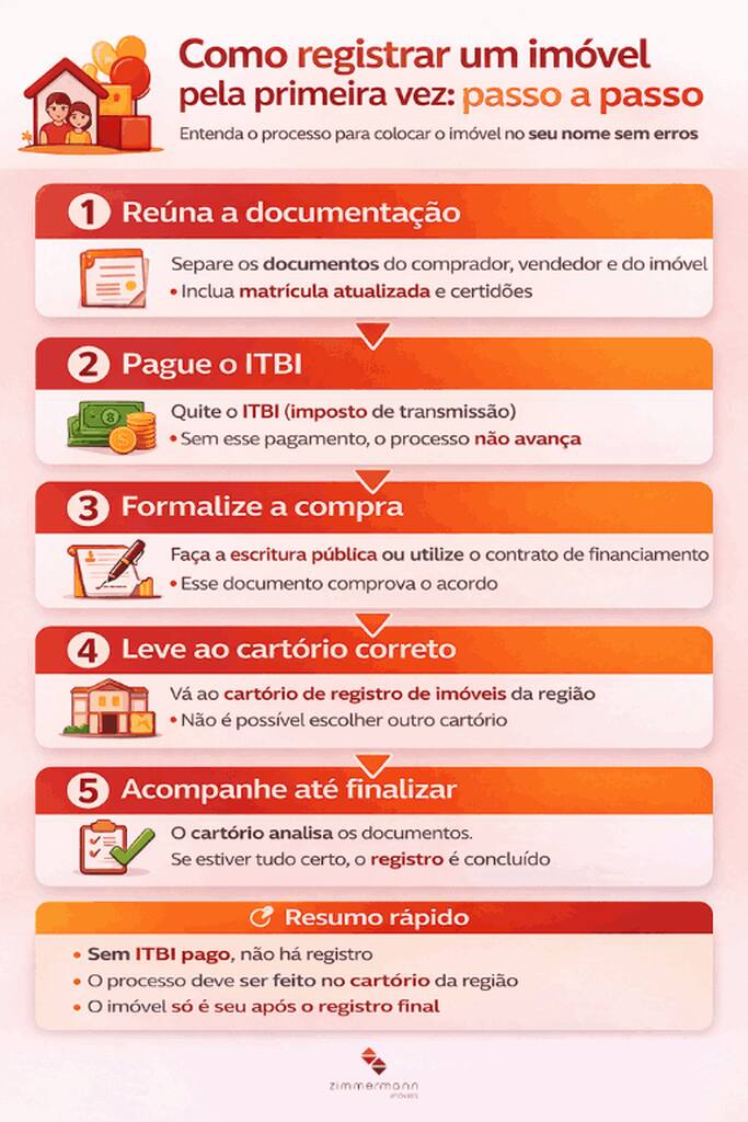 Infográfico didático com 5 passos sobre como registrar um imóvel pela primeira vez, incluindo reunião de documentos, pagamento de ITBI, formalização da escritura, ida ao cartório e acompanhamento final.