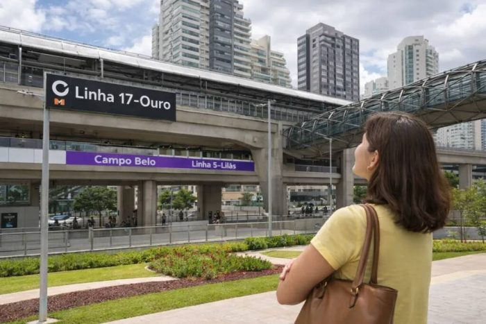Mulher observa a placa da Linha 17-Ouro e Linha 5-Lilás. A imagem mostra a integração futura das duas linhas, com a estação de metrô já em funcionamento e a de monotrilho em construção. Céu parcialmente nublado e paisagem urbana ao redor.