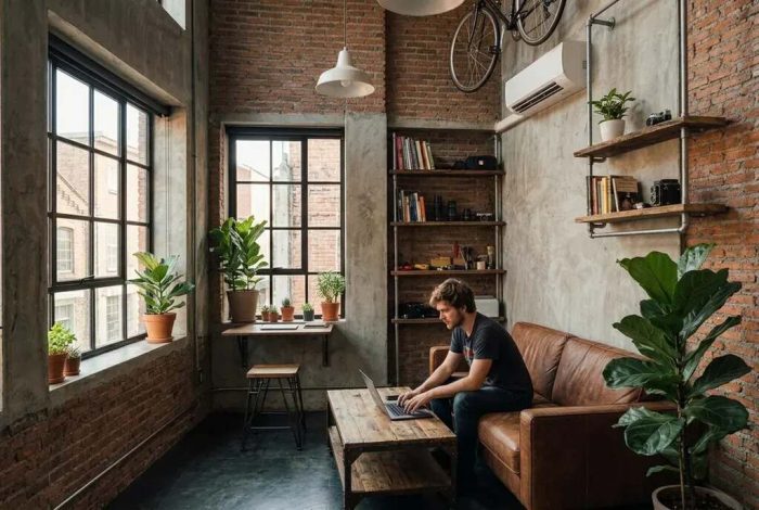 Jovem trabalhando em loft industrial com grandes janelas e decoração rústica, um exemplo de tendência para apartamentos compactos em SP.