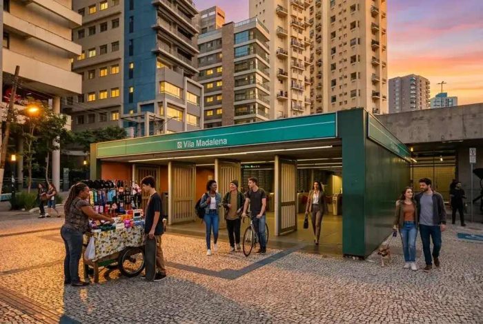 Fachada da estação Vila Madalena, pertencente à linha verde do metrô SP, mostrando o fluxo de passageiros e o urbanismo da região em um pôr do sol.