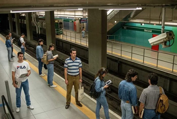 Vista interna da plataforma da estação Sacomã da linha verde do metrô SP. Passageiros com estilo de roupas dos anos 90 aguardam o trem.