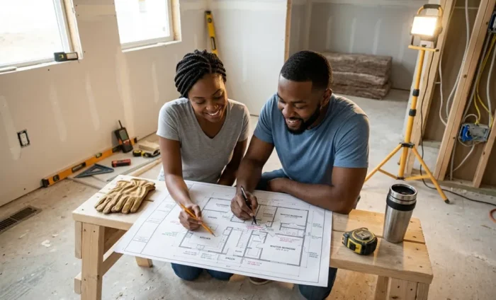Casal analisa planta baixa para decidir entre comprar casa ou terreno para construir.