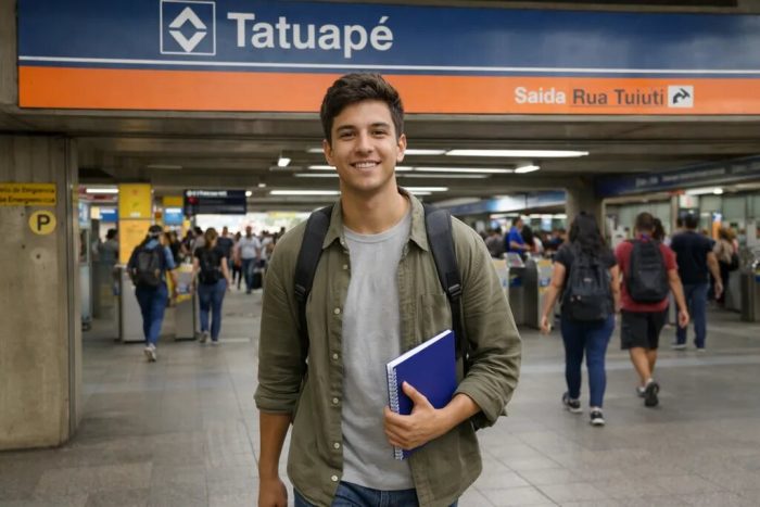 Um jovem sorridente segurando um caderno azul em frente à entrada da estação Tatuapé. Ao fundo, o movimento de passageiros na plataforma, ilustrando a praticidade de escolher bairros para morar perto do metrô em SP.