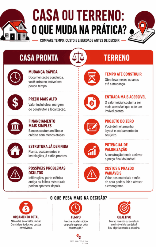 Infográfico comparando tempo e custo para quem está em dúvida entre comprar casa ou terreno.