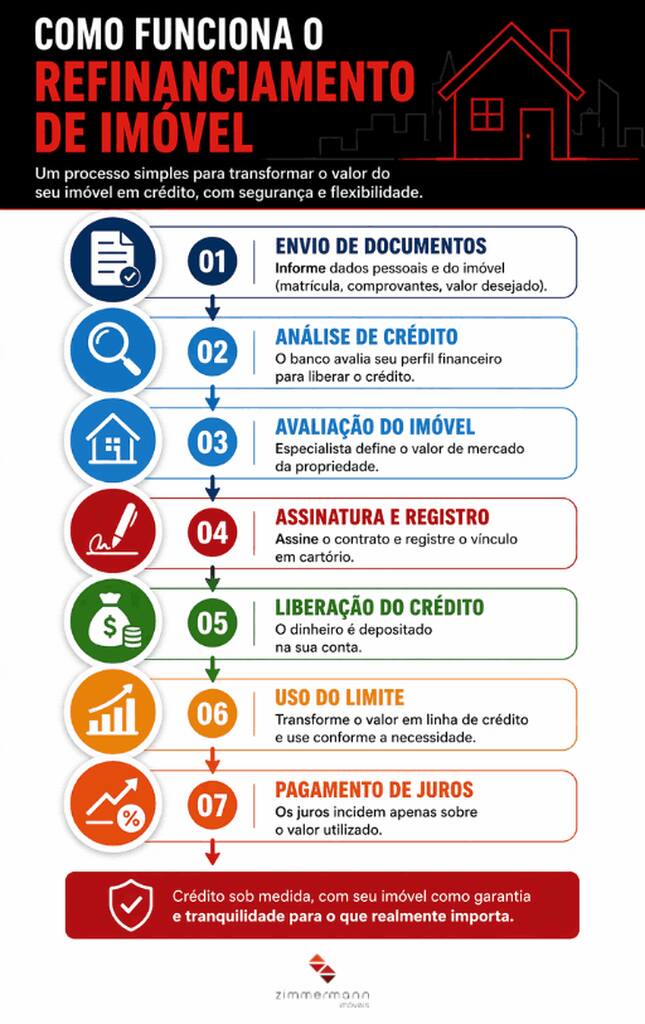 Infográfico com o passo a passo para contratar o refinanciamento de imóvel.