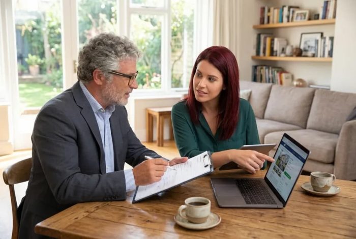 Corretor e cliente analisam anúncios de imóveis em um laptop e documentos físicos. A cena ilustra o início da divulgação e análise de propostas previstas no contrato de intermediação imobiliária.