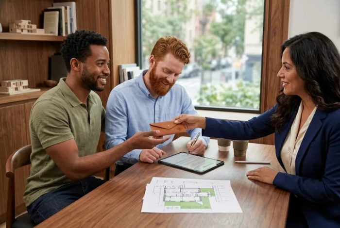 Casal recebe um envelope de couro da corretora em uma mesa com plantas arquitetônicas e tablet. A imagem simboliza a entrega de chaves ou documentos na finalização de um contrato de intermediação imobiliária.