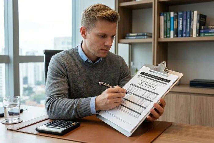 Homem revisando contrato e calculando taxas de refinanciamento de imóvel em escritório.