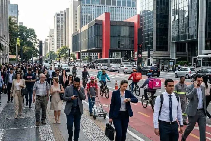 Multidão e ciclistas na Avenida Paulista, centro financeiro da Grande São Paulo, com o MASP ao fundo.