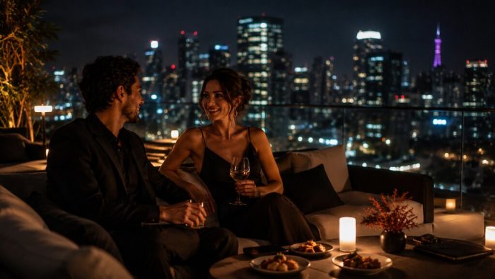 Casal em rooftop à noite com drinks e vista da cidade iluminada, representando a experiência nos rooftops em São Paulo.