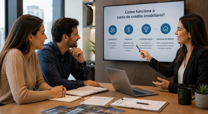 Consultora explica como funciona a carta de crédito imobiliário, apresentando etapas como adesão ao consórcio, contemplação e escolha do imóvel para os clientes.