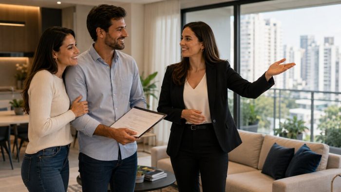 Clientes visitam imóvel acompanhados por especialista após a contemplação da carta de crédito imobiliário, avaliando opções para concretizar a compra da propriedade.
