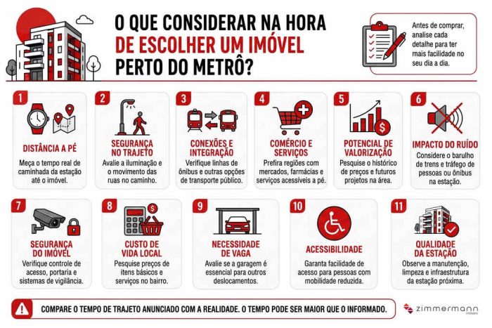 Infográfico com 11 dicas práticas sobre o que considerar na hora de escolher um imóvel perto do metrô, incluindo distância a pé, segurança, comércio local e impacto do ruído.