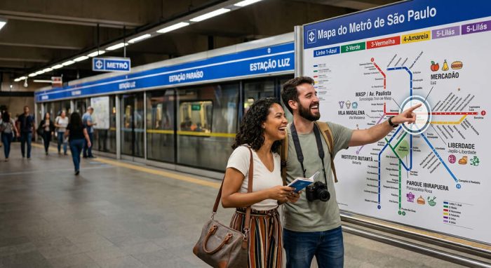 Casal sorridente consultando e apontando rotas no mapa do metrô de São Paulo fixado na plataforma de uma estação da Linha Azul.