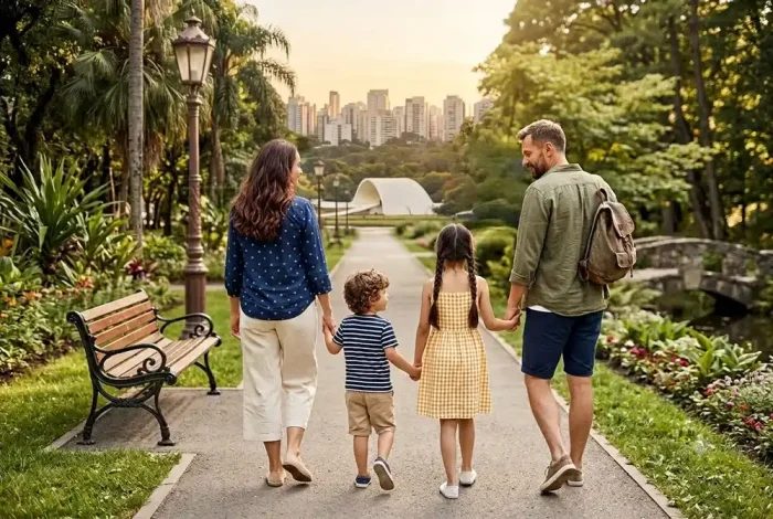 Família caminha no Parque Ibirapuera, perto da estação Moema do Metrô de SP.
