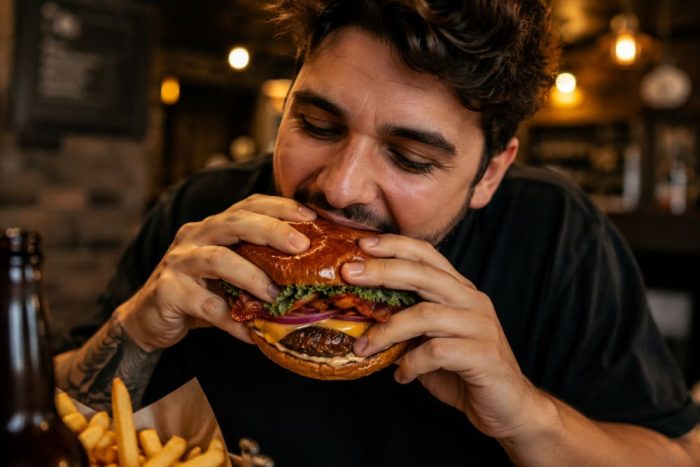 Homem saboreia um hambúrguer artesanal com pão brioche, queijo, bacon, alface e cebola em uma hamburgueria de ambiente aconchegante, entre opções das melhores hamburguerias de SP.