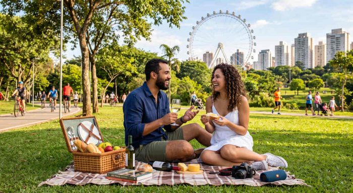 Casal aproveitando lazer ao ar livre nos Parques Zona Oeste, com roda-gigante e área verde ao fundo.