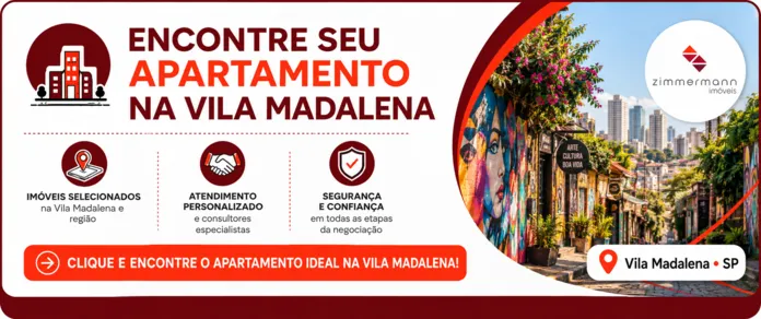 Banner de imóveis próximo a escolas na Vila Madalena, com destaque para apartamentos na região.