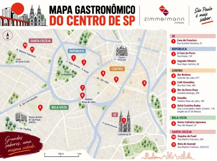 Mapa indica restaurantes e bares para quem procura onde comer no centro de SP.